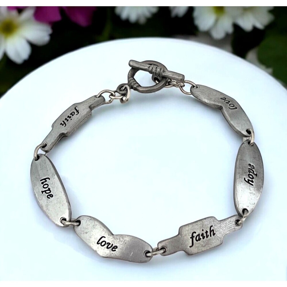 Vintage Bracelet Pewter Toned "Faith Hope Love" Toggle Clasp 2S